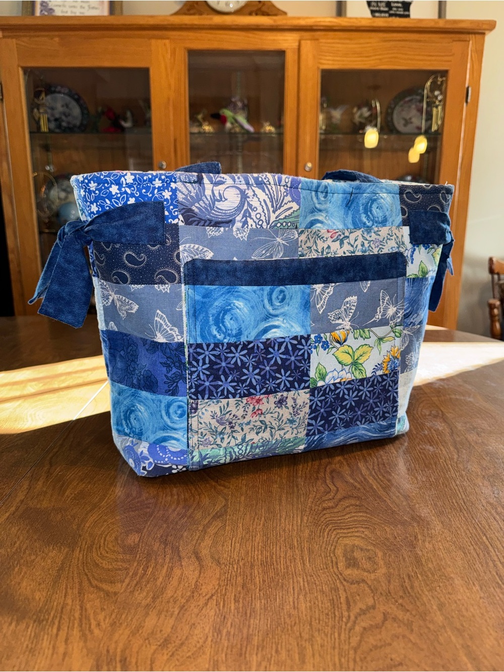Hand Crafted Blue Patchwork Tote Bag with Floral Accents